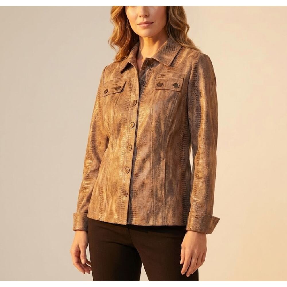 Chicos Women's Tan Snake Lizard Print Blazer Jacket Button Metallic